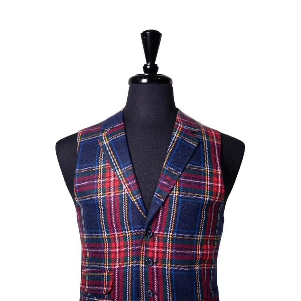 Mens Tartan Vest 40R Blue Red Green Wool Plaid Waistcoat Medium Christmas Party